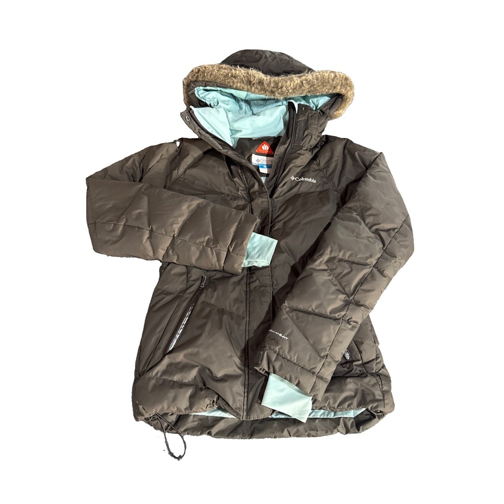Columbia Coat Omni-Shield Lay D Duck Down Ski Omni-Heat WL4047 Navy Brown Small
